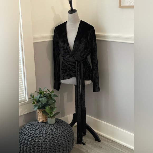 Zara Black Velvet Wrap Blouse With Tassel Ties - Picture 5 of 9
